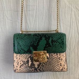 Laorentou Leather Snakeskin ColorBlock Gold Chain Crossbody Long Strap Purse